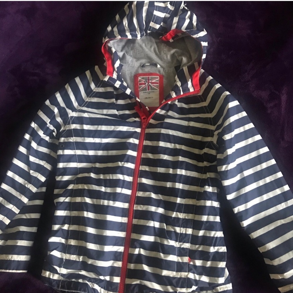 Mini Boden Navy & White Striped Kids Hooded Jacket with Red Trim